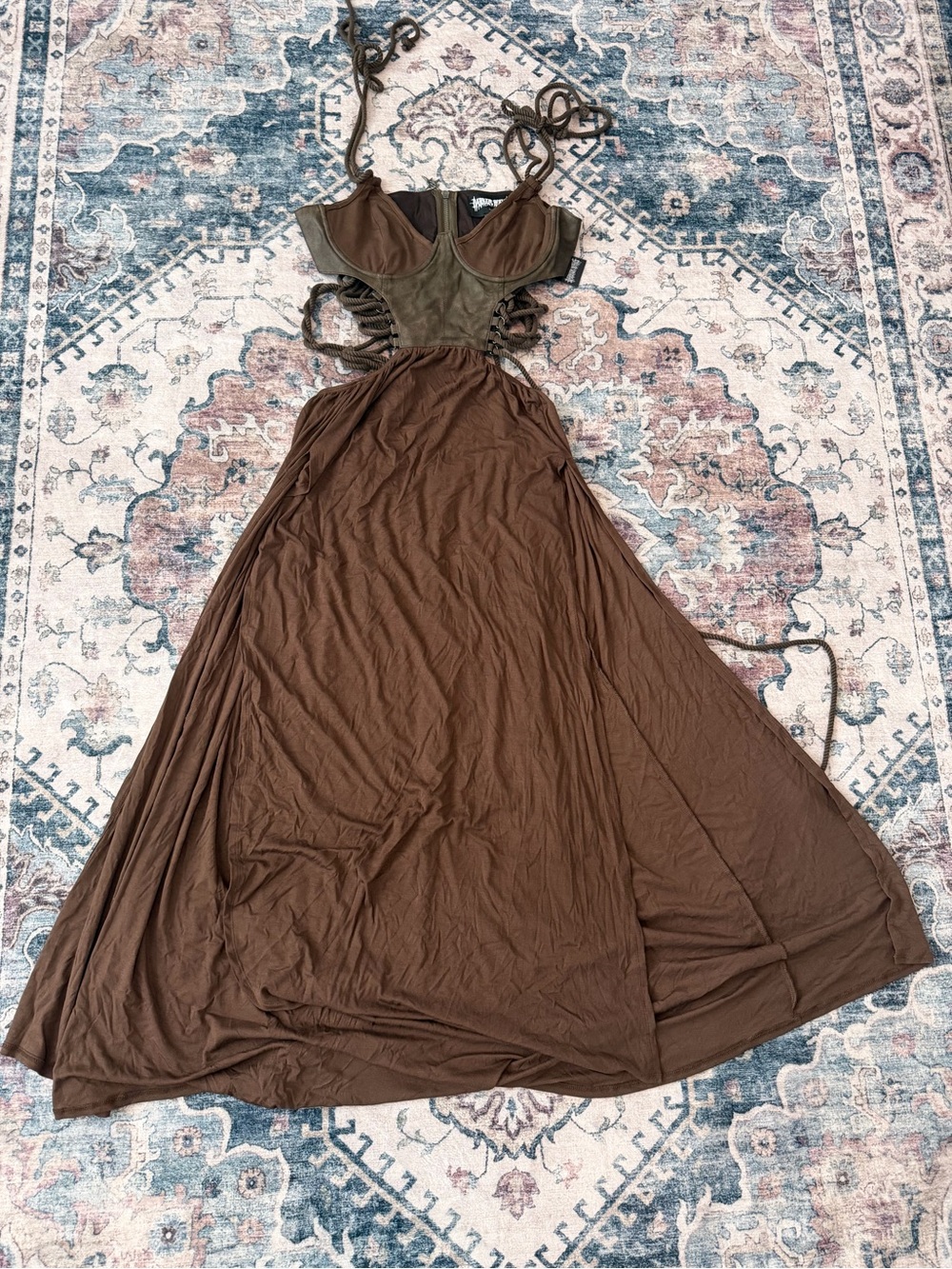 Brown Tie-Back Maxi Dress with Corset Detail - Darker Wavs